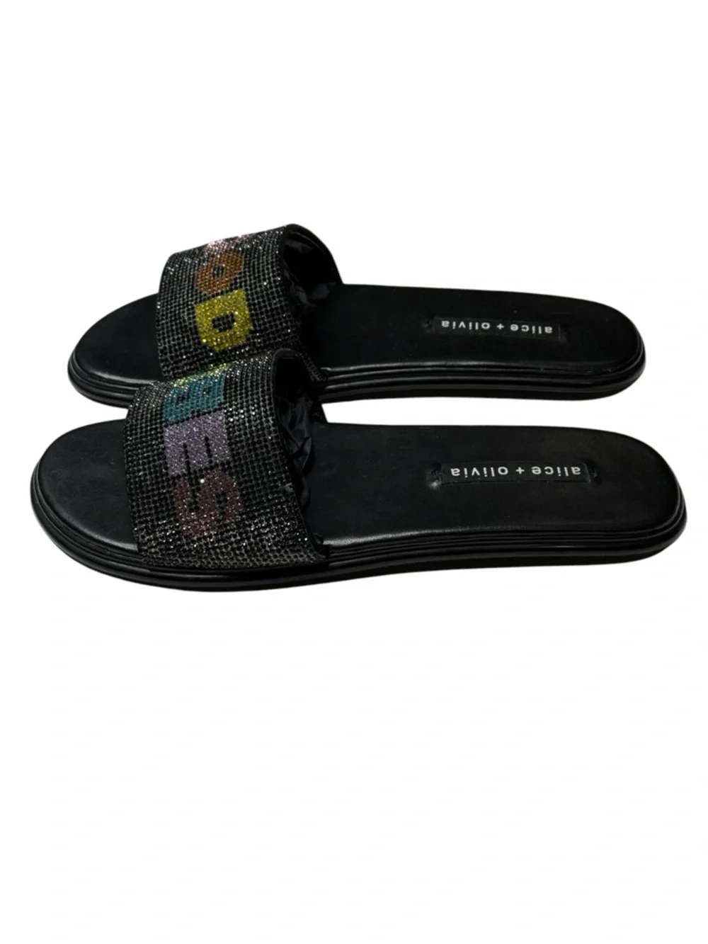 HTF: Alice + Olivia 𖦹 Tatum Good Vibes Slide Crystal Sandals 𖦹 Black 𖦹 7.5M 𖦹 - Picture 6 of 16